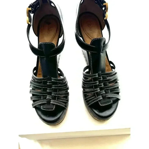 CHLOE Marcie Black Leather T-Strap Platform High Heel Wedge Sandal Size 38 1/2 - Picture 4 of 10